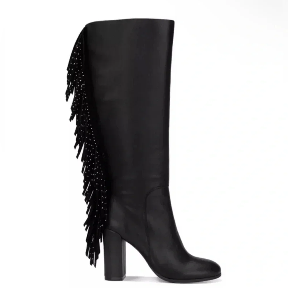 Kenneth Cole Knee High Justin Studded Fringe Boots Black REAL Leather, Sz 9.5NIB